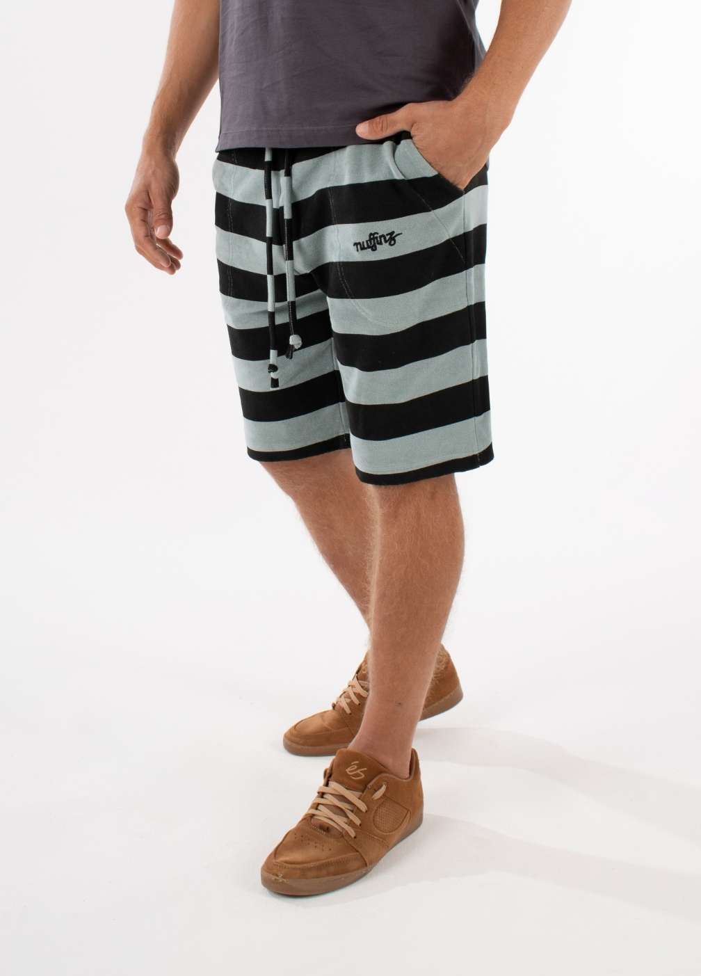 nuffinz striped shorts - SILVER BLUE TOWEL SHORTS ST - 100% organic cotton - terry cloth - comfortable shorts for men - closeup side / front