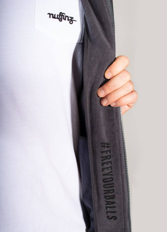 man wearing nuffinz towel jacket ebony grey freeyourballs print
