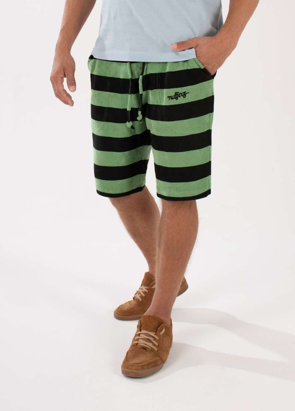 nuffinz striped shorts - STONE GREEN TOWEL SHORTS ST - 100% organic cotton - terry cloth - comfortable shorts for men - closeup side / front